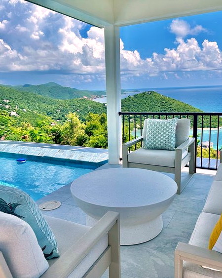 Covered patio and pool overlooking the Virgin Islands